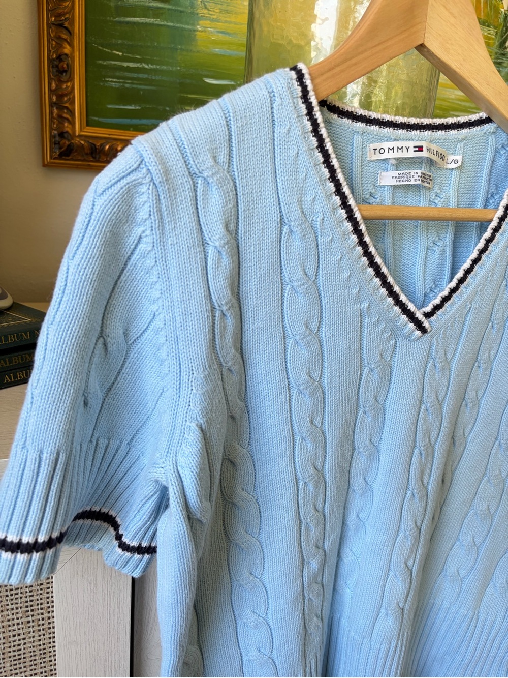 Tommy Hilfiger Pale Blue Cable-Knit V-Neck Sweater with Navy Trim-00B - Picture 5 of 9